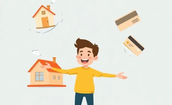 A cartoon person juggling a house, piggy bank, and credit card