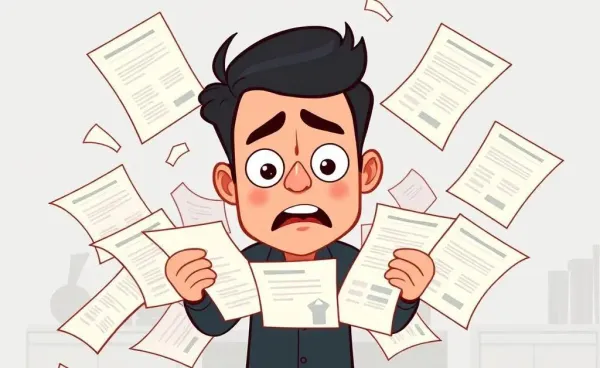 A cartoon person juggling various insurance papers, looking overwhelmed.