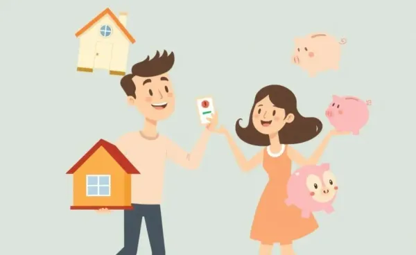 Cartoon of a couple juggling a house, baby, and piggy bank