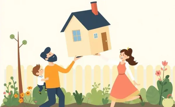 Family juggling a house, toddler, and piggy bank in a garden