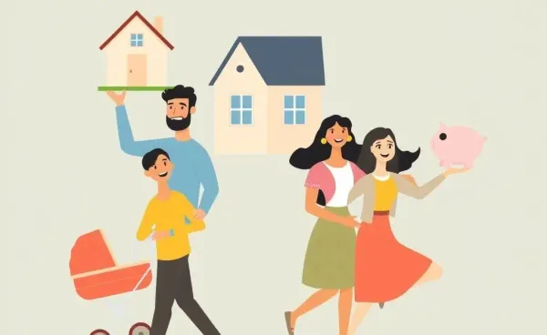 Family juggling house, baby stroller, and piggy bank