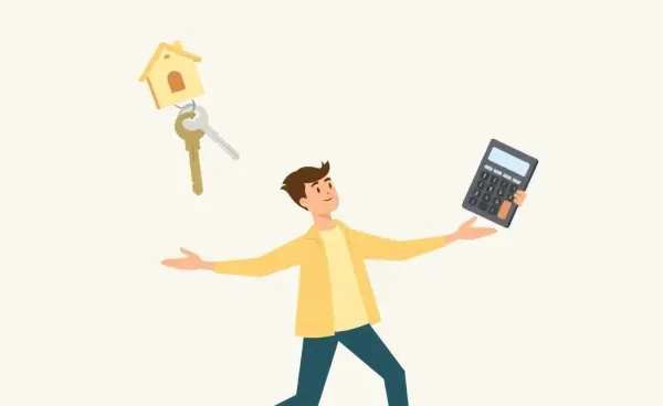 A person juggling house keys and a calculator, representing mortgage decisions