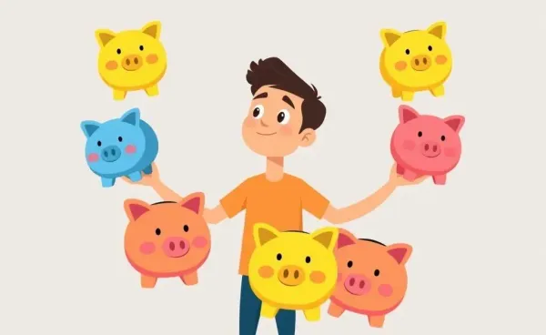 A person thoughtfully juggling multiple colorful piggy banks