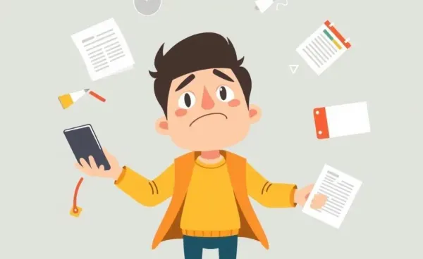 Cartoon of a person juggling multiple tasks, representing feeling overwhelmed