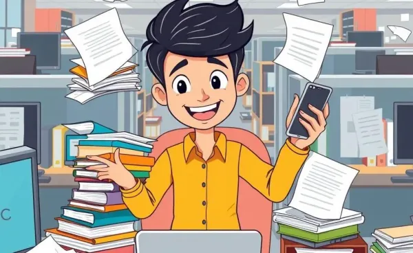 A cartoon person juggling multiple work tasks in a busy office setting