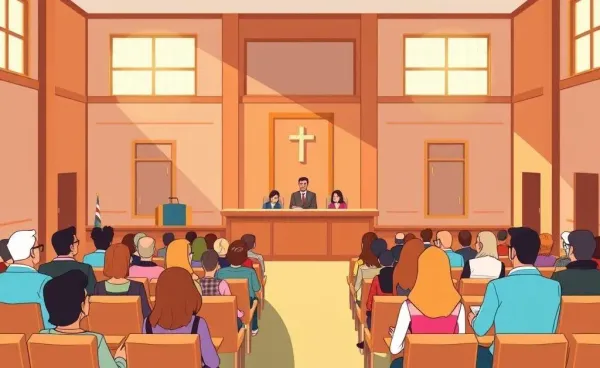 Cartoon illustration of a courtroom filled with engaged jurors