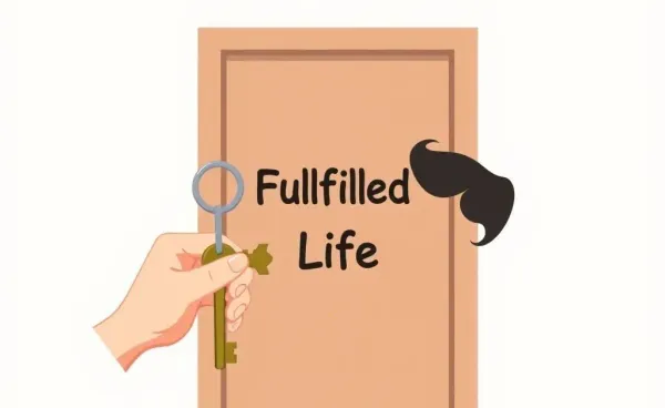 Cartoon image of a person with a key to a door labeled 'Fulfilled Life.'