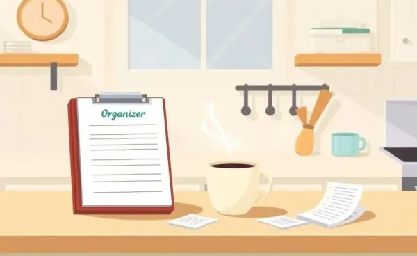 Cartoon kitchen table with budget planner, coffee cup, and grocery receipts