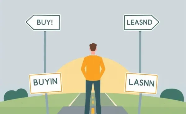 Person pondering between buying and leasing land at a crossroad