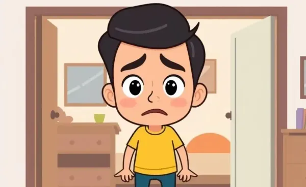 Illustration of a concerned person at home with an open door in the background