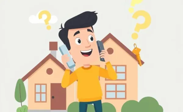 A person juggling phone calls and holding a house key with a house in the background.