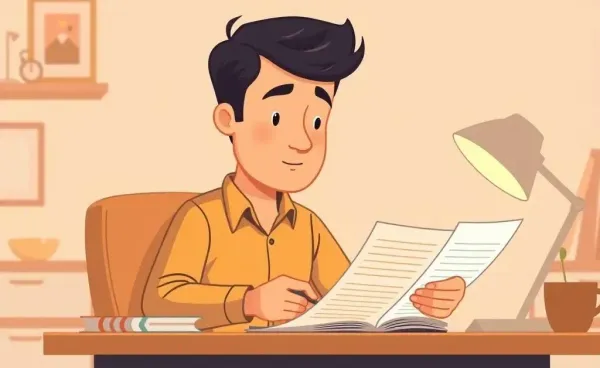 Landlord reviewing a rent ledger at a desk.