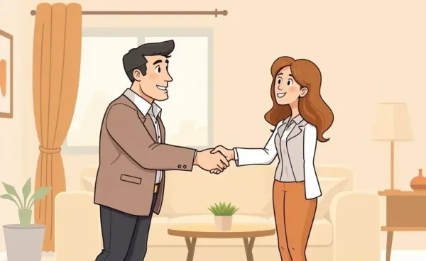 Landlord and tenant shaking hands in a cozy apartment setting
