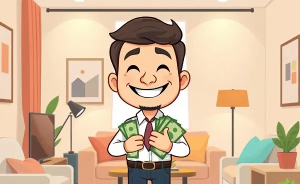 Cartoon landlord with a stack of cash for upfront rental payment in a cozy apartment
