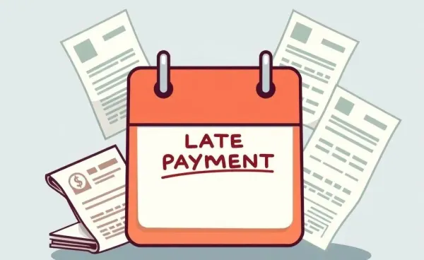 A calendar marked with a late payment reminder surrounded by financial documents