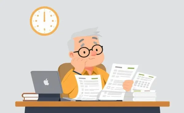 A mature individual pondering over retirement plans with financial documents