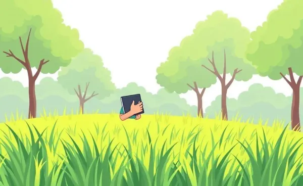 Person calculating lawn care costs with a lush green lawn in the background.