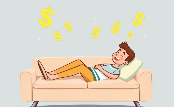 A person relaxing with dollar signs floating around, symbolizing lazy investing.