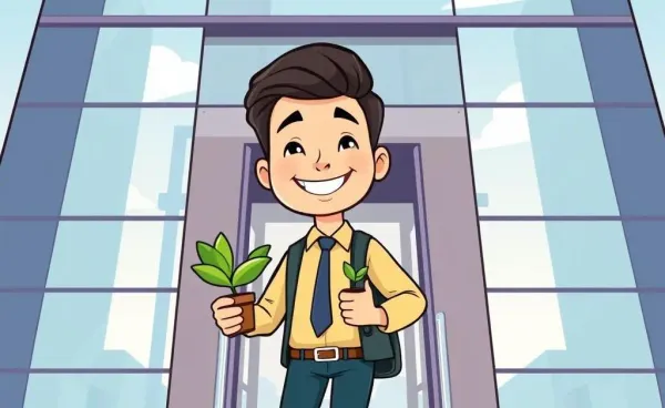 Person happily leaving office with plant