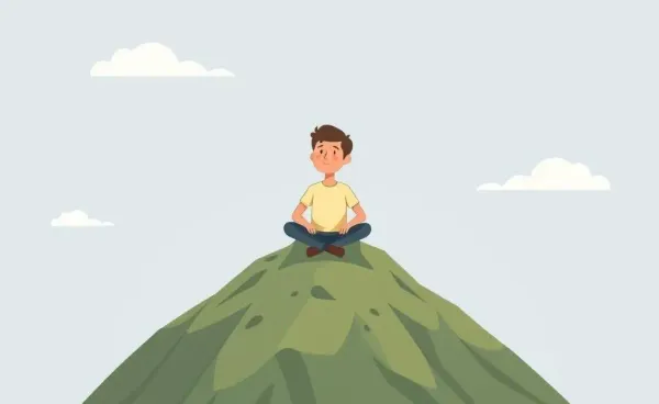 Person sitting on a mountaintop feeling accomplished and relaxed.