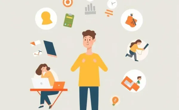 A person skillfully juggling life elements like work, family, and hobbies