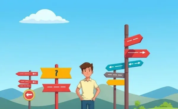 A person standing at a crossroads with directional signs in a cartoon style