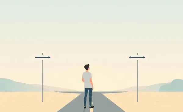 Person at a crossroads choosing between two paths at sunset