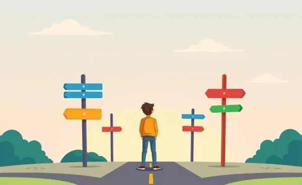 A person at a crossroads contemplating different life choices