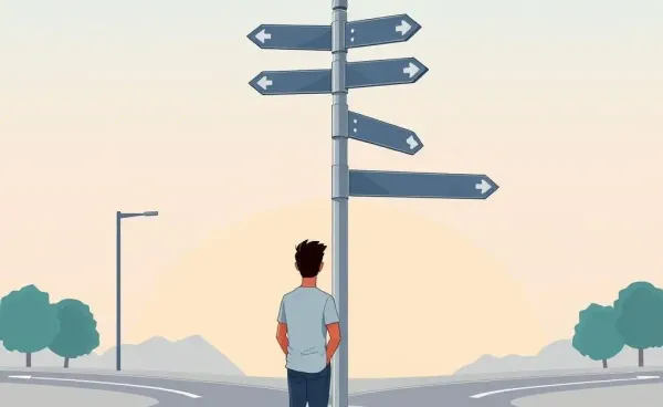 A person contemplating different life paths at a crossroads.