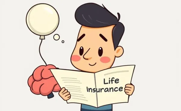 Illustration of a person reading a life insurance policy with a brain-shaped balloon