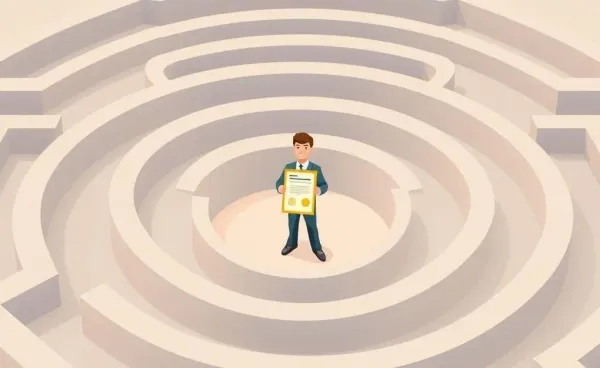 Cartoon-style illustration of a maze with a person holding a certificate.
