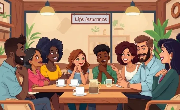 Diverse group discussing life insurance over coffee