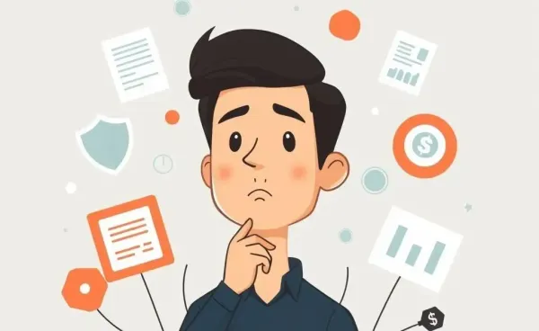 Person reflecting on life insurance surrounded by symbols