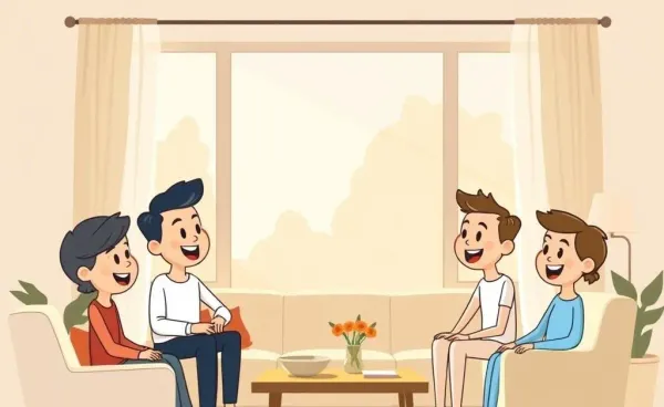 Cartoon characters discussing life insurance in a living room