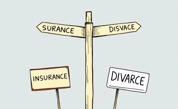 An illustration of a crossroads with life insurance and divorce signs