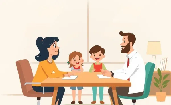 A cartoon of a life insurance agent and a family discussing options.