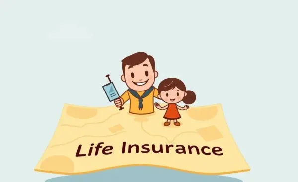 Friendly navigator guiding a family through a map labeled 'Life Insurance'