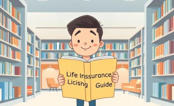Person reading a life insurance licensing guide in a library