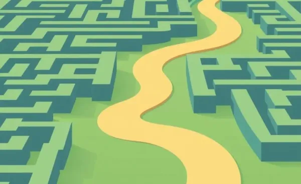 A serene path winding through a maze, symbolizing life insurance decisions