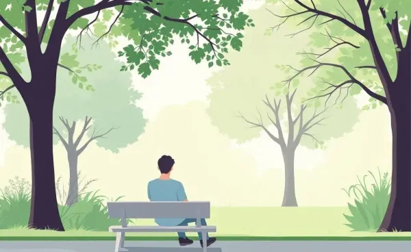 A person sitting on a bench in a park, looking reflective and calm.