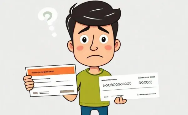 A puzzled person holding a policy and a refund check