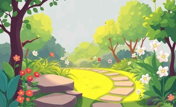 A peaceful garden with a winding path representing life's journey