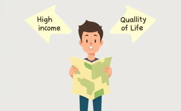 Person at a crossroads choosing between high income and quality of life