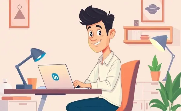 Young professional building a LinkedIn profile on a laptop in a modern workspace
