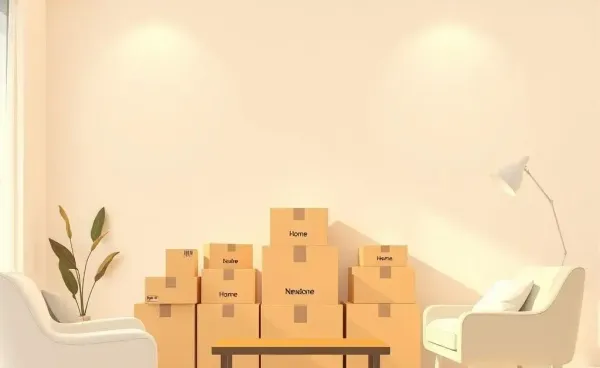A living room with packed boxes labeled 'New Home'.