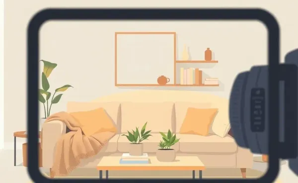 Illustration of a cozy living room with a camera capturing various items