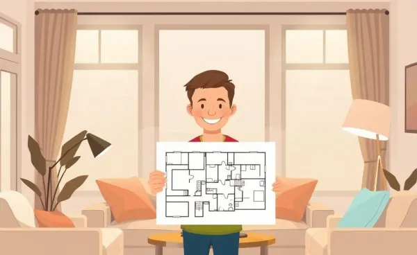 A person holding a floor plan sketch in a cozy living room