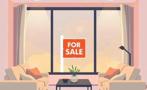 Cozy living room with a 'For Sale' sign outside the window