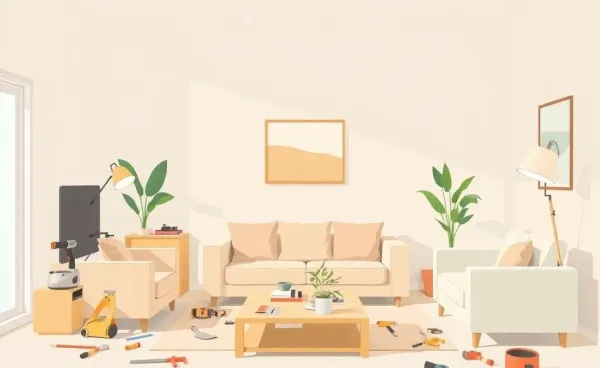 A work-in-progress living room renovation scene