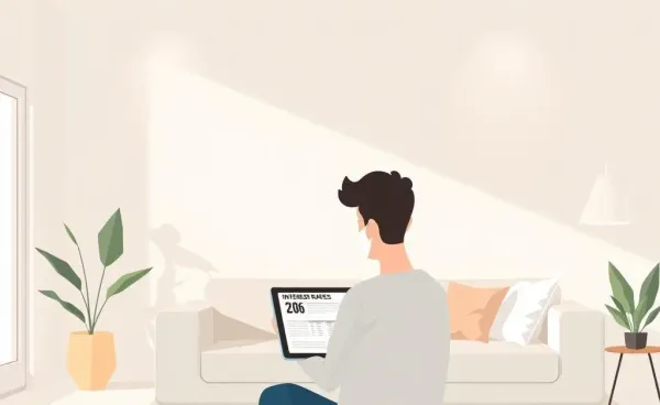 A cozy living room with a person examining a tablet displaying financial news.